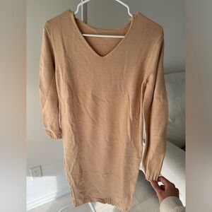 V-Neck Tan Sweater Dress